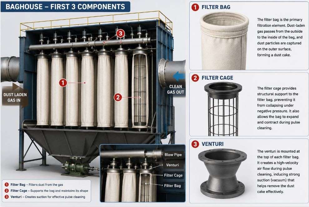 Baghouse Optimization in Cement Plants (Part 2) 3 filter bag, filter cage and venturi