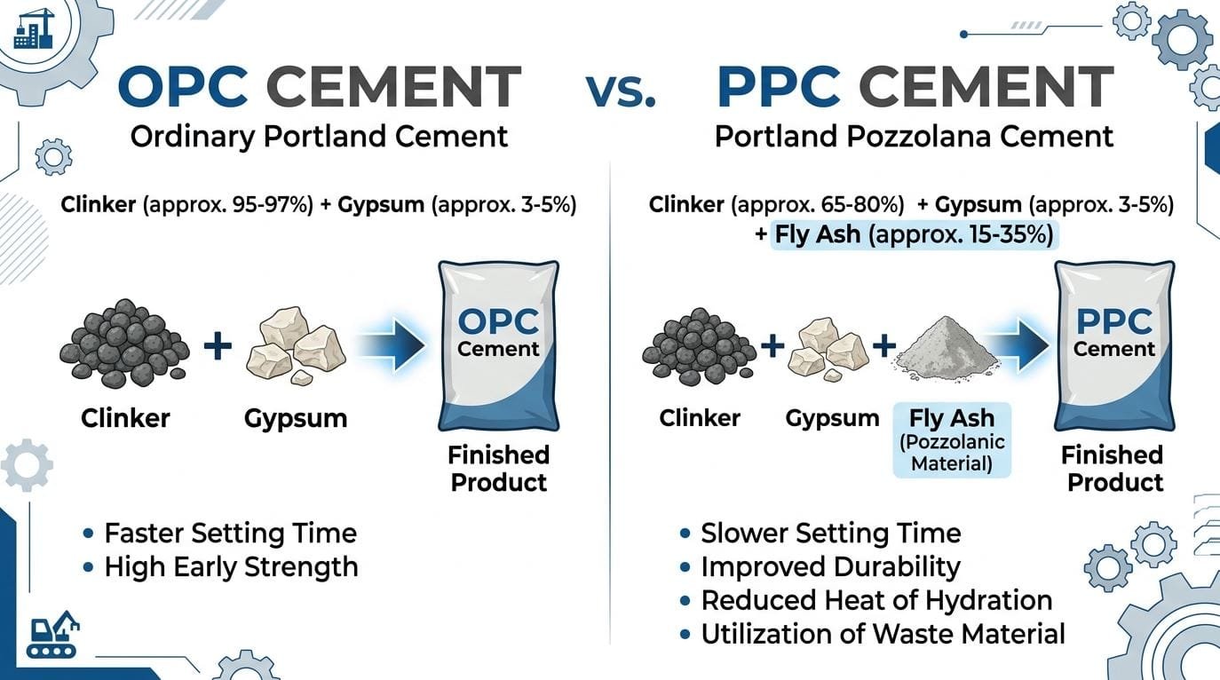 What is the difference between OPC and PPC cement?