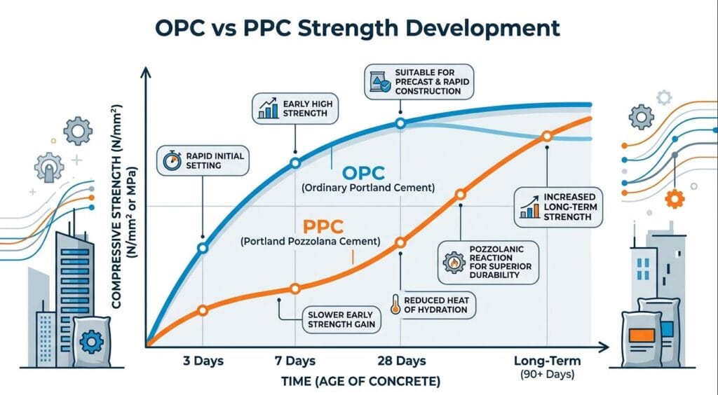 What is the difference between OPC and PPC cement? 3 Difference in Strength Development