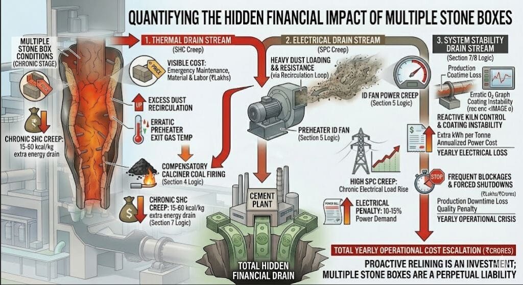 What is the hidden financial impact of operating a cement kiln with multiple temporary stone boxes?