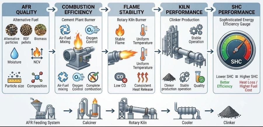 Does Higher TSR Always Reduce SHC in Cement Plant infographic showing relationship between Thermal Substitution Rate, Specific Heat Consumption, AFR quality and kiln efficiency.