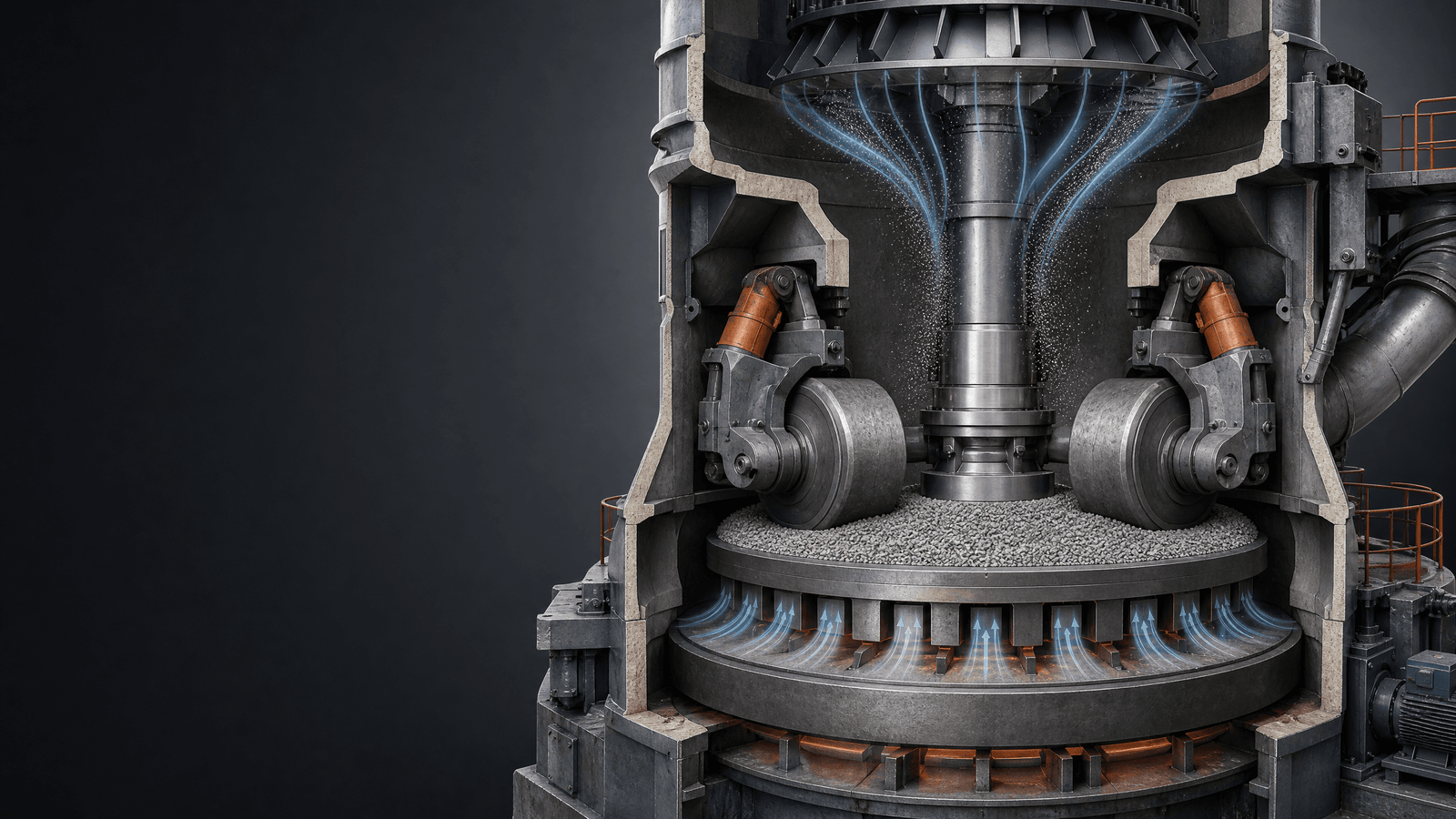 Illustrative VRM grinding-zone cutaway showing rollers, grinding table, material bed and gas flow.