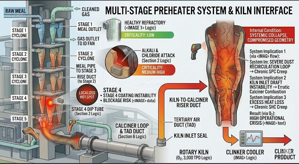 Why is a hot spot or refractory failure in the lower-stage cyclones (Stage 4 & 5) considered critical?