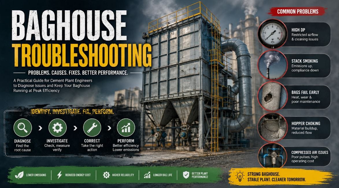 Baghouse troubleshooting infographic for cement plants