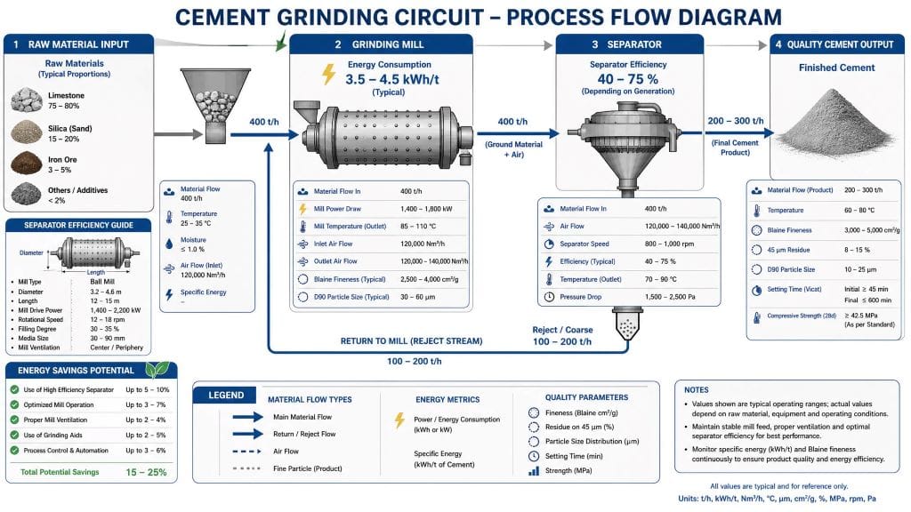 Complete grinding circuit flowchart showing material flow from raw input through grinding mill, efficient separator, to quality cement output, with energy consumption and performance metrics at each stage