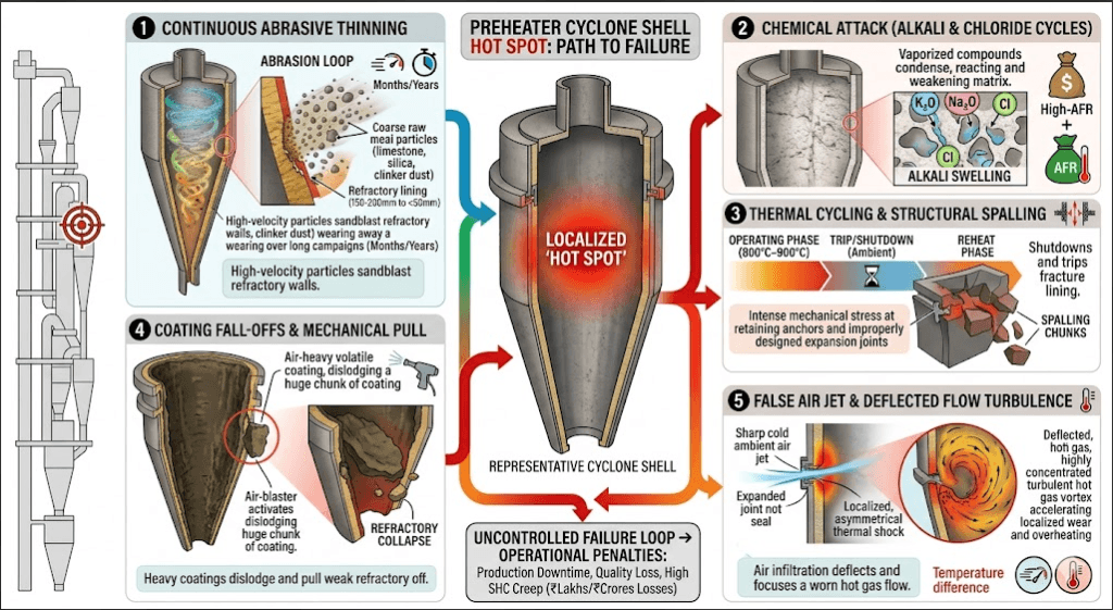 What are the main causes of hot spots on a cement kiln preheater cyclone shell?