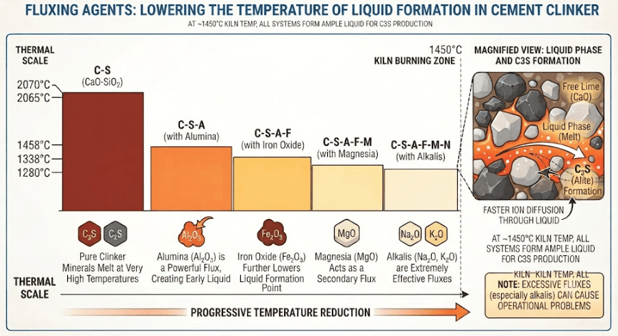 The infographic illustrates how fluxing agents progressively reduce the temperature required for liquid formation in the CaO-SiO₂ system to facilitate efficient C₃S clinker production at practical kiln temperatures.