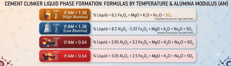 An infographic chart displaying four distinct cement clinker liquid phase calculation formulas, categorized by temperature and alumina modulus (AM) conditions.