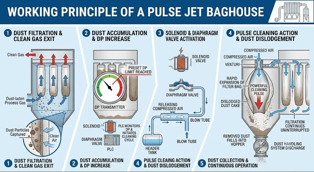 Pulse Jet Baghouse vs Reverse Air Baghouse 3 Working Principle of a Pulse Jet Baghouse