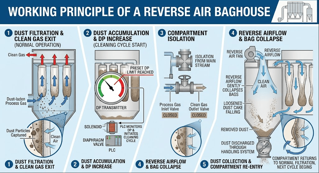 Pulse Jet Baghouse vs Reverse Air Baghouse 4 Working Principle of a Reverse Air Baghouse