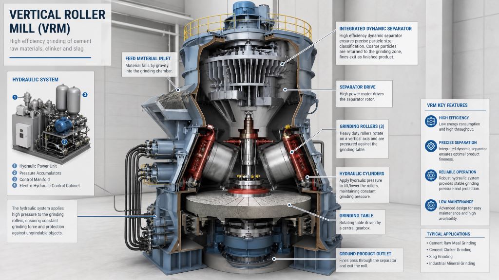 Detailed cutaway view illustrating the internal components and working principle of a Vertical Roller Mill (VRM).